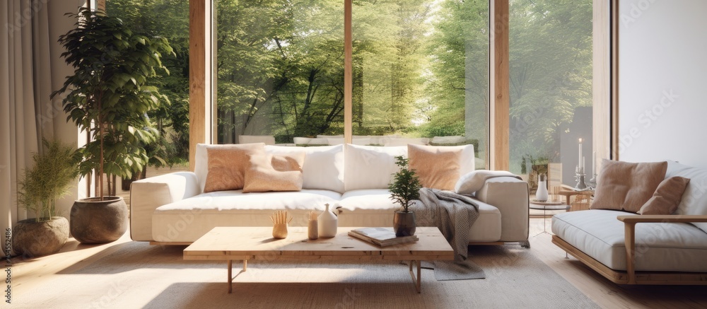A modern and cozy living room filled with furniture and a large window overlooking a garden. The room is bright and sunny, with a corduroy sofa and throw pillows creating a comfortable atmosphere.