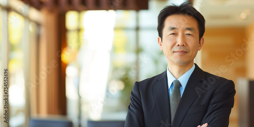 Mature Asian businessman in a tailored suit, standing with confidence in a bright, modern office setting