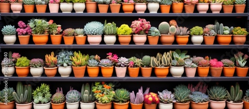 A shelf displaying a wide variety of succulents in small pots  ranging in colors from yellow  pink  orange  to red.