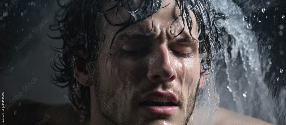 Fototapeta premium Relaxing Moment: Man Enjoying a Refreshing Shower with Water Running Over His Head