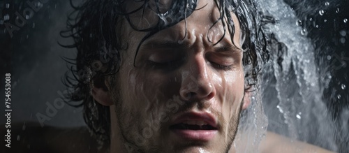 Relaxing Moment  Man Enjoying a Refreshing Shower with Water Running Over His Head