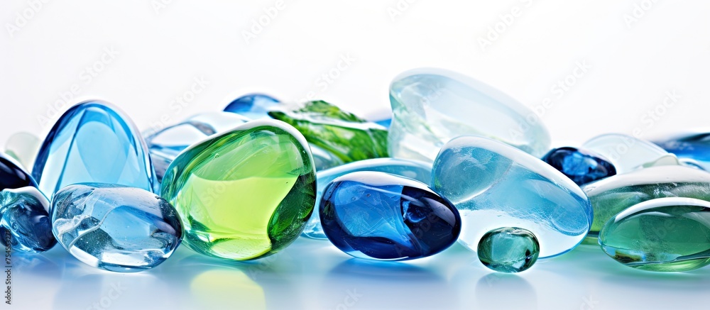 Vibrant Glass Pieces Scattered on a Clean White Surface for Creative Art Projects Vibrant Glass Pieces Scattered on a Clean White Surface for Creative Art Projects