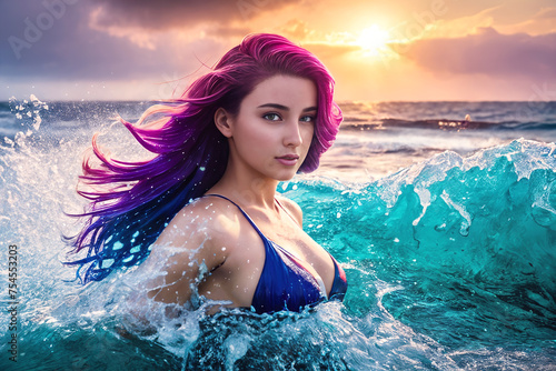 A young beautiful smiling girl in a blue swimsuit with purple hair is standing on the beach among the sea waves up to her chest in the water. The wind blows the hairstyle