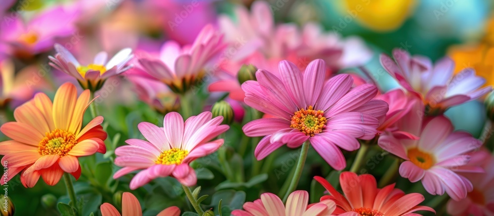 Close-up view of a vibrant bunch of flowers neatly arranged in a vase, showcasing a variety of colors and shapes. Close-up view of a vibrant bunch of flowers neatly arranged in a vase, showcasing a variety of colors and shapes.