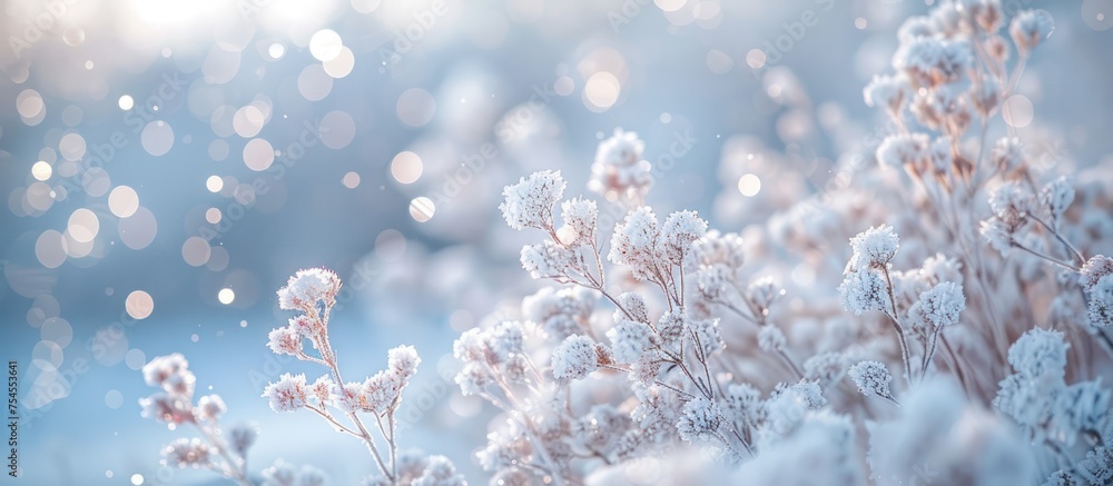 Close up view of a plant covered in snow, showcasing the intricate details and contrast between the white snow and green foliage. Close up view of a plant covered in snow, showcasing the intricate details and contrast between the white snow and green foliage.