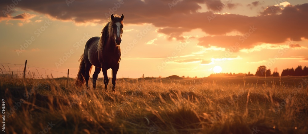 Majestic Horse Gracefully Standing in a Peaceful Meadow under the Glowing Sunset Sky