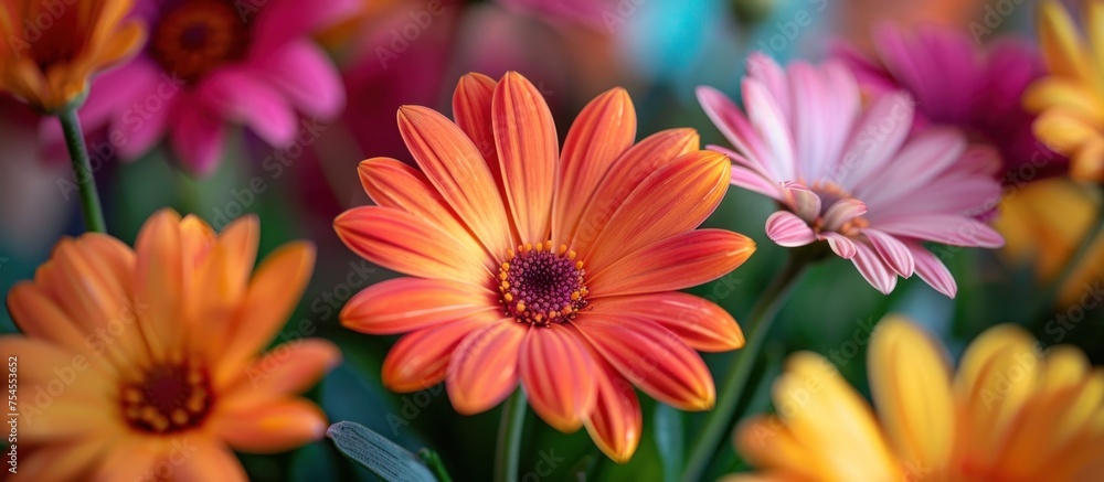 A collection of assorted flowers, including roses, daisies, and tulips, arranged neatly in a glass vase. A collection of assorted flowers, including roses, daisies, and tulips, arranged neatly in a glass vase.
