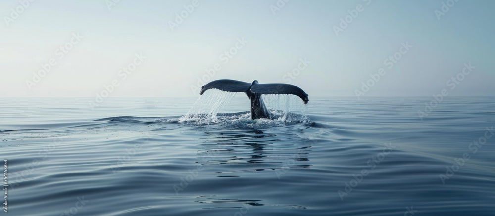 A large humpback whale gracefully flips its tail out of the water in a majestic display of power and beauty. A large humpback whale gracefully flips its tail out of the water in a majestic display of power and beauty.