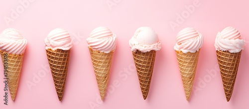 Delicious Ice Cream Treats in Crispy Waffle Cones on Vibrant Pink Background