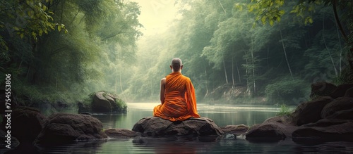 Solitude and Tranquility: Contemplative Person Finds Peace by Sitting on a Rock in a Serene River © Ilgun