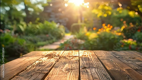 Wooden table top with blurred garden background, ideal for product display or montage with bokeh effect. photo