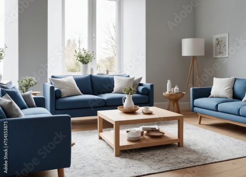 Cozy Living Room with Blue Sofa and Armchairs in Scandinavian Style © Flux Forge