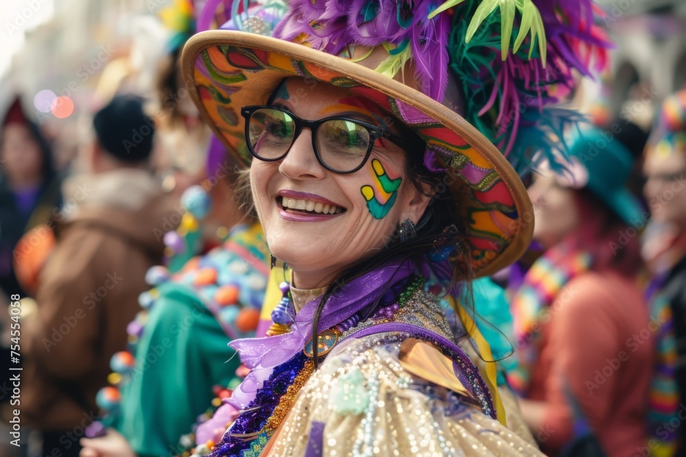 A woman with a vibrant, multi-colored hat and trendy glasses exudes style and flair as she stands out in a bustling Mardi Gras parade scene.