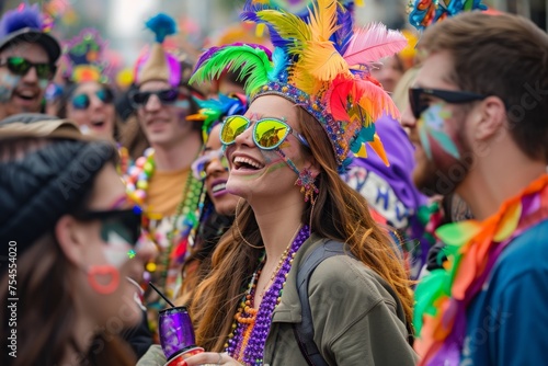 A vibrant scene at a Mardi Gras parade, where a diverse group of people stand in a circle, engrossed in conversation and laughter.