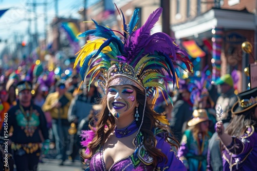 A mysterious woman dazzling in a vibrant purple and green costume at a lively Mardi Gras parade in February.