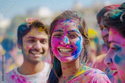 A group of young people joyfully covered in colored powder, celebrating the Holi festival with exuberance and unity.