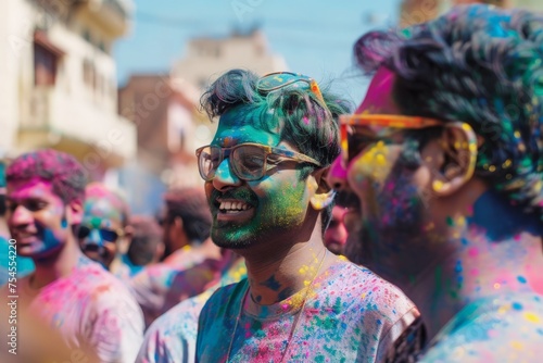 A group of men joyfully celebrating the Holi festival, covered head-to-toe in a rainbow of colorful paint.