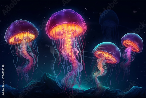 Ethereal Jellyfish Ballet in Ocean Depths © Canvas Alchemy
