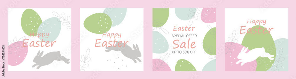 Easter card set.Easter collection of abstract square templates in minimalist style with bunny,easter eggs and space for text. Vector illustrations for social media posts and stories, postcards.