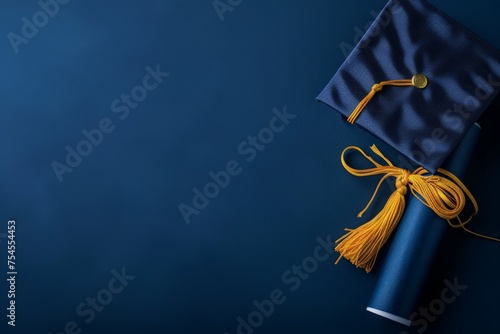 A vibrant blue graduation cap and tassel are elegantly displayed on a matching blue background, symbolizing academic achievement and success. photo