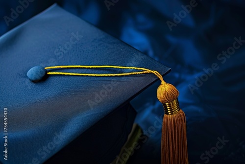 A vibrant blue graduation cap adorned with a cheerful yellow tassel, symbolizing academic achievement and success. © AiHRG Design