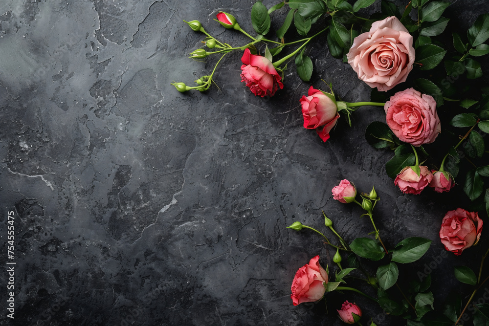 Border made of red roses and green leaves on textured grey background. Decoration for wedding invitation or greeting card for Women's and Valentine's day. Template with copy space Border made of red roses and green leaves on textured grey background. Decoration for wedding invitation or greeting card for Women's and Valentine's day. Template with copy space