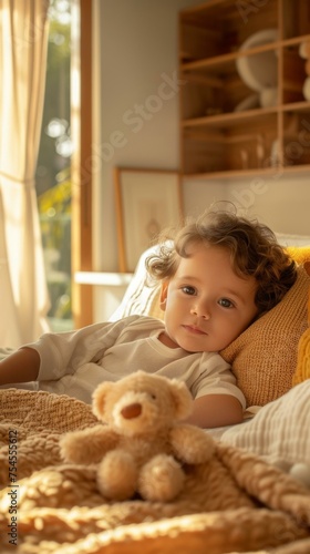 A little girl laying on a bed with a toy bear. Generative AI.