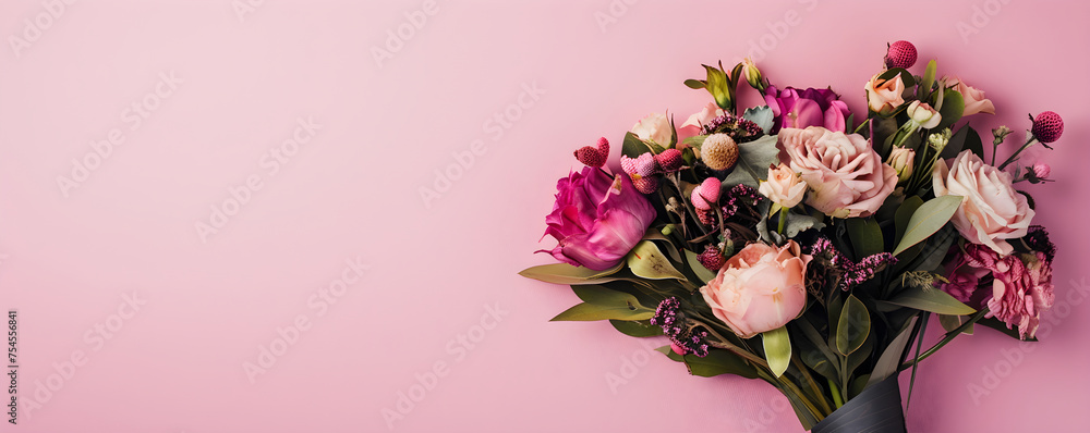 Rose flowers on pink background. Wedding flowers, bridal bouquet made of roses and decorative plants. Gift for birthday, Valentine's, Mother's and Women's day. Greeting card, banner with copy space