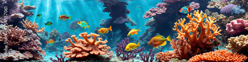 Horizontal banner with ocean reef with colorful corals, tropical fish and sunlight streaming through the sea water. Underwater world beauty illustration