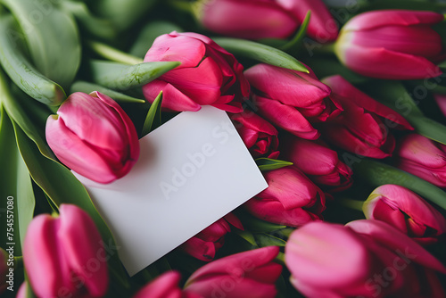 Bouquet of pink tulips with empty white greeting card. Gift for Valentine's, Women's and Mother's day. Postcard or banner with copy space. Place for text or design