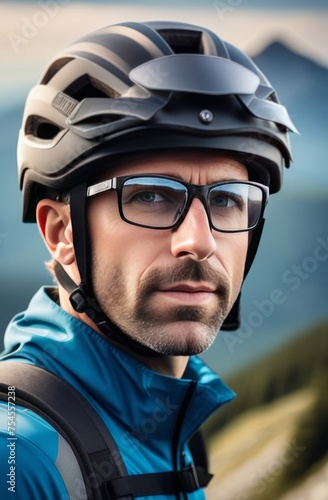 Man wearing helmet and glasses stands confidently before towering mountain backdrop ready for adventure and exploration. He may be gearing up for bicycle ride or some other outdoor activity. © Anzelika