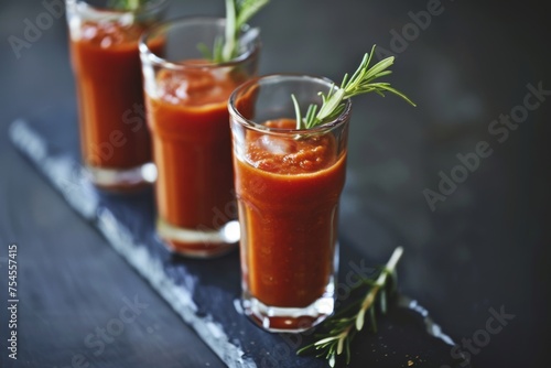 Bloody Mary cocktail in shots with a sprig of rosemary