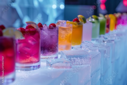 Multi-colored alcoholic cocktails with ice in shots