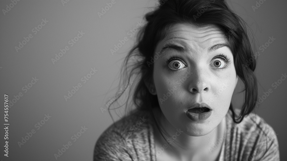 A woman expresses surprise and shock with her mouth open and eyes wide open A woman expresses surprise and shock with her mouth open and eyes wide open