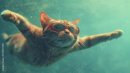 Adorable Cat Wearing Goggles Enjoying a Swim with Paws in the Air, Playful Feline Water Adventure Photo