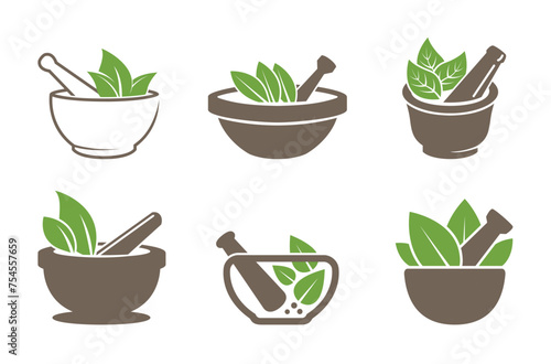 Creative bowl leaves therapy ayurveda pharma collection logo vector symbol design illustration photo