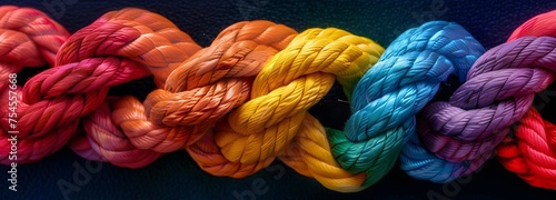 Colorful Rope Knots, Team rope teamwork unity diverse strength connect partnership concept, Strong diverse network rope team concept