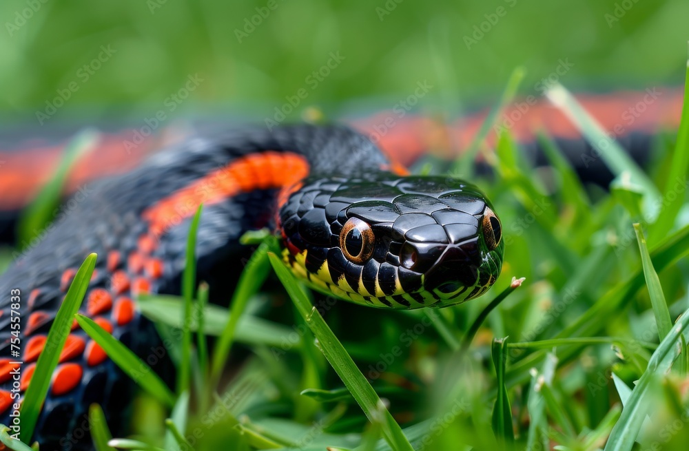 Obraz premium Black and red snake slithering through green grass, close up shot. The orange patterned stripes of the head stand out against the black body.