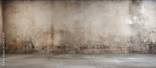 This is a room with concrete walls and a concrete floor. The walls show dirt, paint scratches, and a distressed pattern. The overall design is urban and grunge, resembling an old basement interior. photo