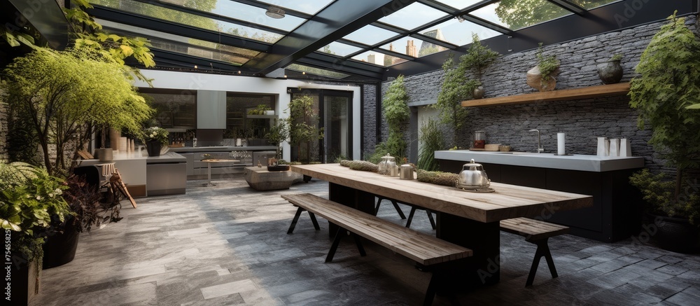 A table and benches are positioned in a room filled with various lush plants. The setting exudes a cozy and natural ambiance, with the skylights above adding a touch of brightness to the space.