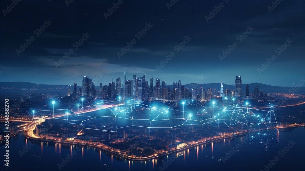Obraz premium Smart City on a Dark Blue Background featuring