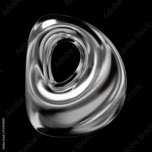 Shiny 3D chrome letter D, retro futuristic balloon bubble style, liquid metal effect with reflective gloss, isolated volumetric rendering, Y2K vector for modern design