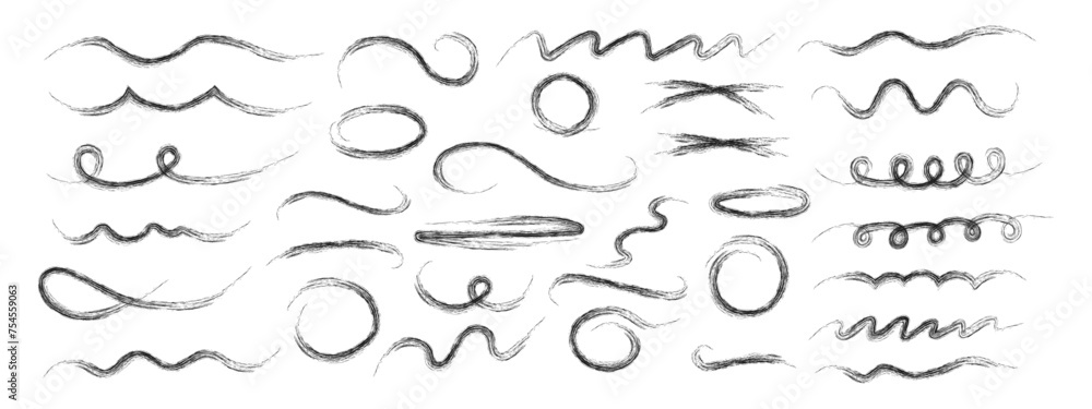 Hand drawn wavy strokes, crosshatching ovals. Decorative vector graphic elements. Black brush strokes and pencil strokes. Typographic strokes and stroke tails Hand drawn wavy strokes, crosshatching ovals. Decorative vector graphic elements. Black brush strokes and pencil strokes. Typographic strokes and stroke tails