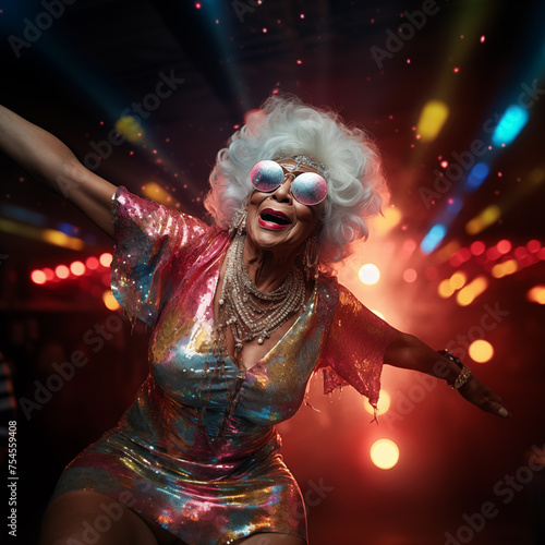 amazing grandma older lady partying in a disco setting disco travesty party club get-together dancing to music fashionable clothes suit having fun living fullest event getting emotions enjoying life