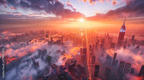 Dawn Over the City: A Skyline Silhouetted Against the Rising Sun, Capturing the Quiet Beauty of Urban Awakening