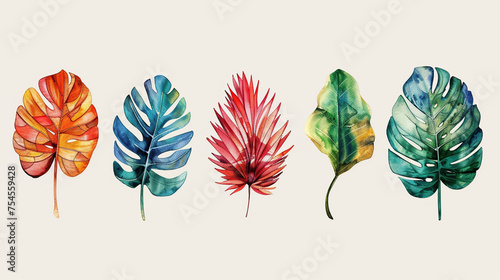 set of different leaf icons on white background , Tropical green flowers and leaves exotic set of isolated element greeting cards , covers, banners and posters for walls, beautiful paint art	 photo