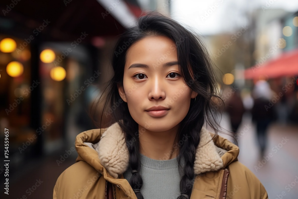 Asian Beautiful Woman in her 20s or 30s talking head shoulders shot bokeh out of focus background on a cosmopolitan western street vox pop website review or questionnaire candid photo - obrazy, fototapety, plakaty 