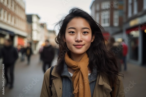 Asian Beautiful Woman in her 20s or 30s talking head shoulders shot bokeh out of focus background on a cosmopolitan western street vox pop website review or questionnaire candid photo