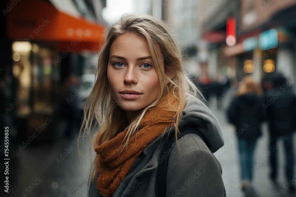 Scandinavian Beautiful Woman in her 20s or 30s talking head shoulders shot bokeh out of focus background on a cosmopolitan western street vox pop website review or questionnaire candid photo - obrazy, fototapety, plakaty 