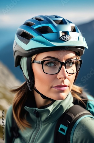 Woman wearing helmet and glasses stands confidently before towering mountain backdrop ready for adventure and exploration.She may be gearing up for bicycle ride or some other outdoor activity. © Anzelika